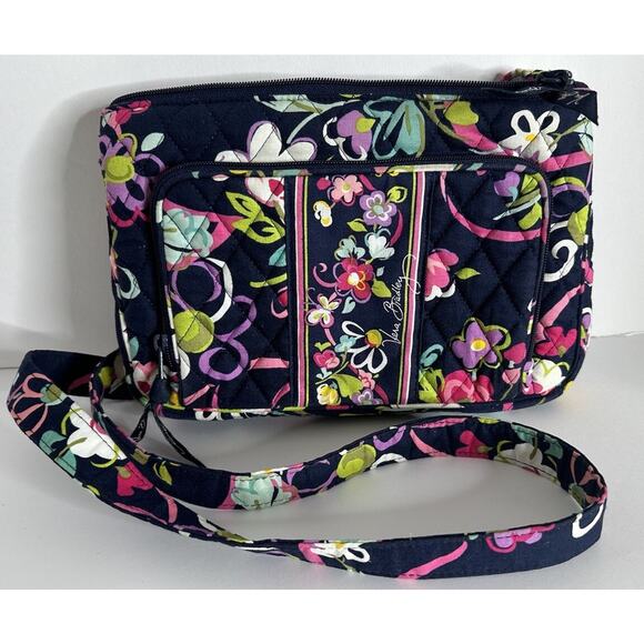 Vera Bradley Sm. Crossbody Bag Purse Card Holder Navy/ Purple Ribbons Patrn READ - Picture 1 of 9